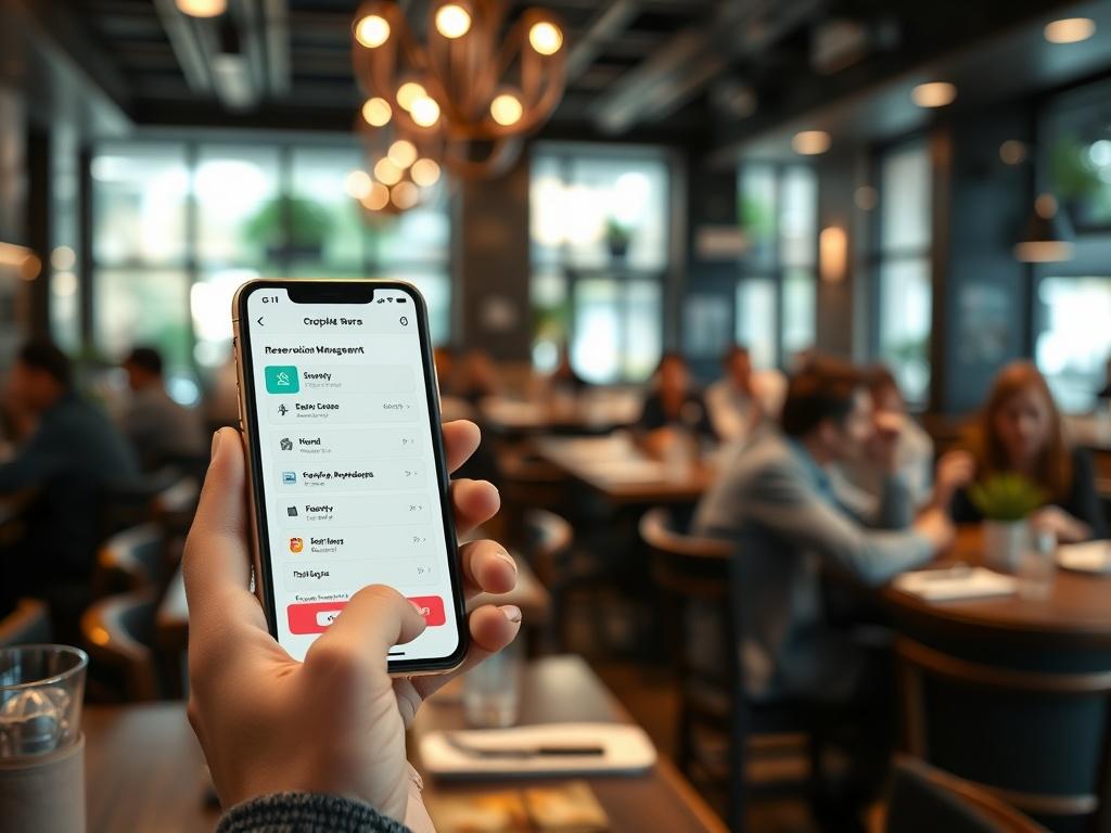A close-up shot of a smartphone displaying a smart reservation management app in use at a restaurant. The background should feature a busy dining area with happy customers, showcasing a modern hospitality environment.