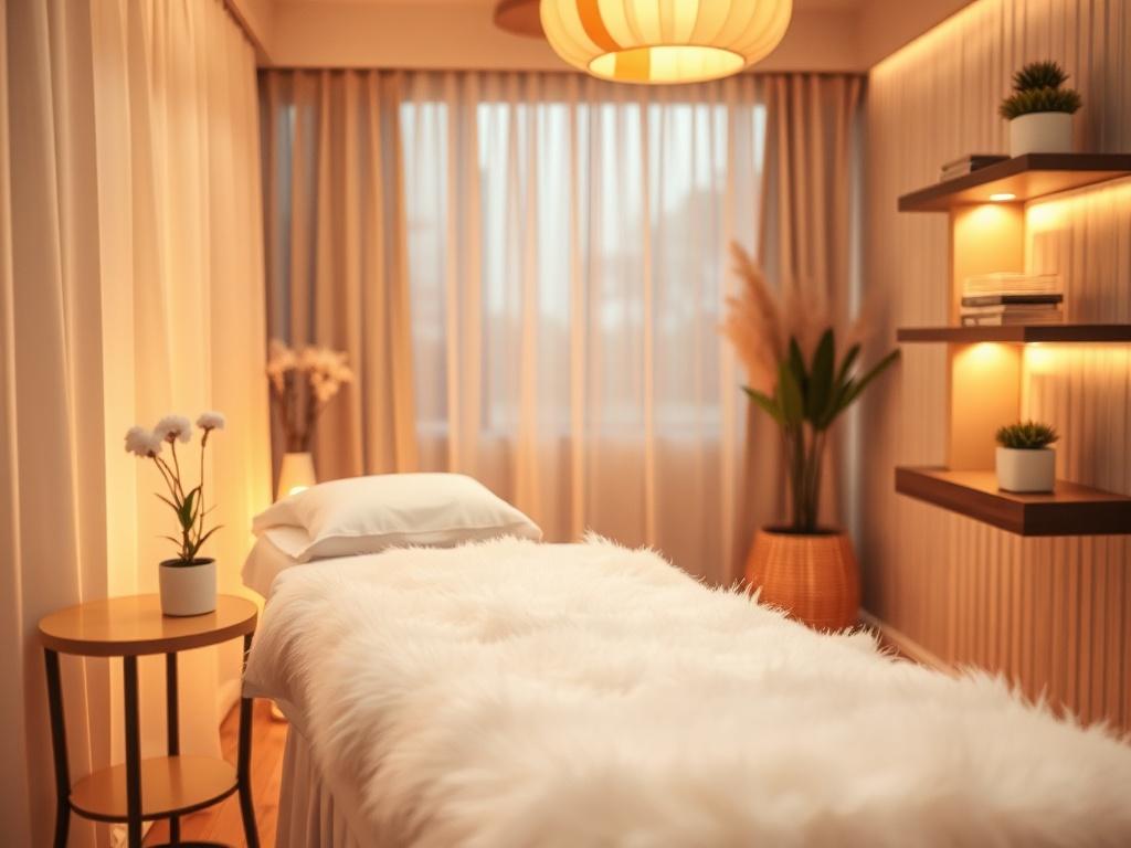 A serene, cozy waxing studio setting with warm golden hues