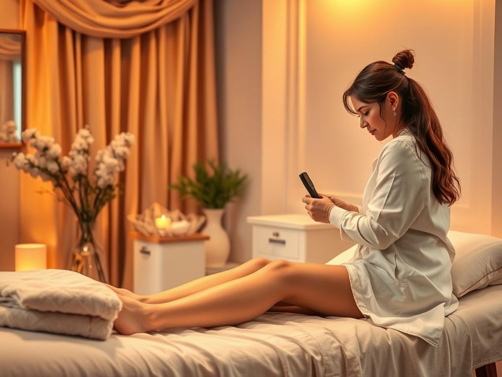 A peaceful waxing studio with warm, inviting lighting, showcasing a