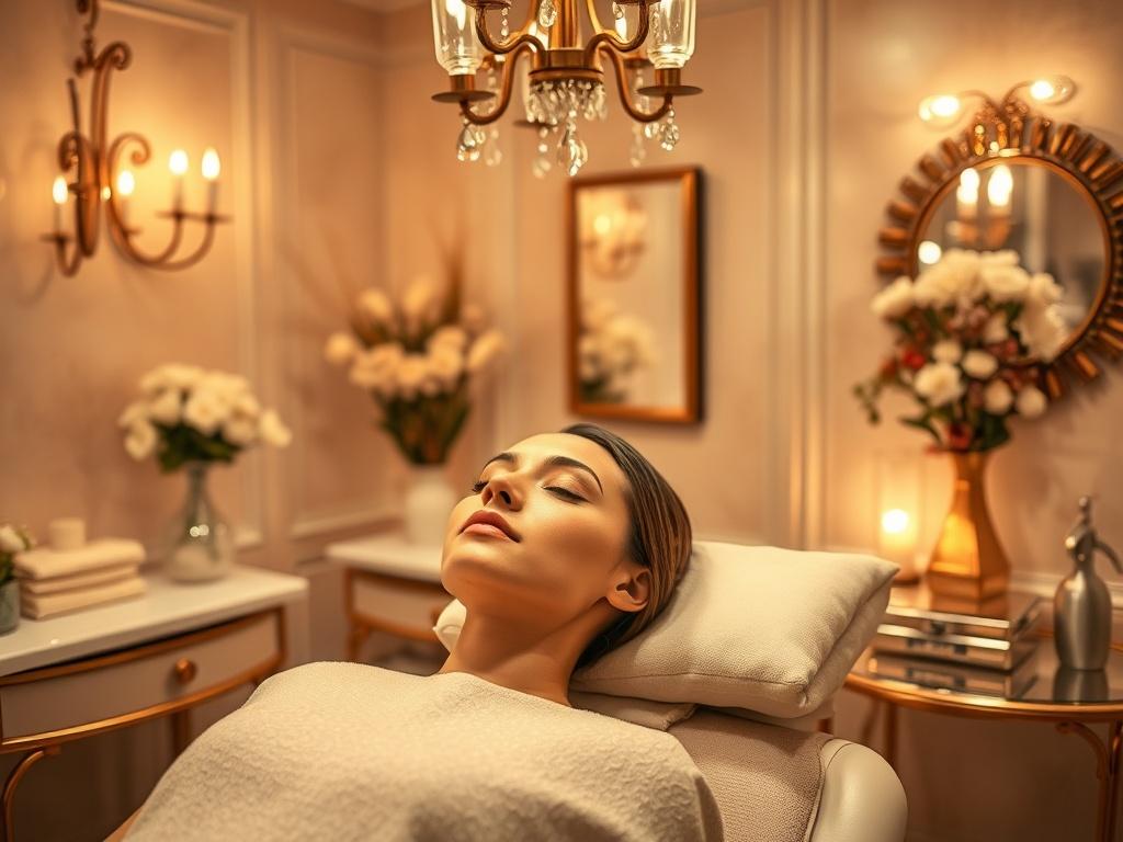 A cozy and elegant waxing room featuring a woman receiving