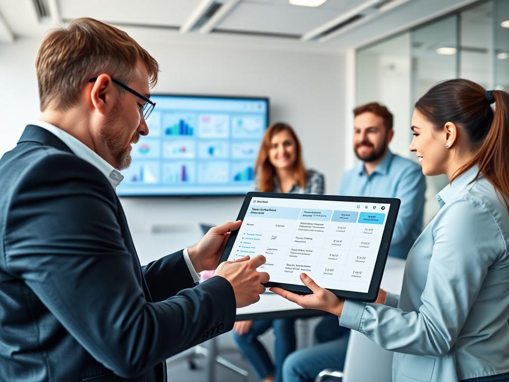 A close up shot of a consultant presenting various business