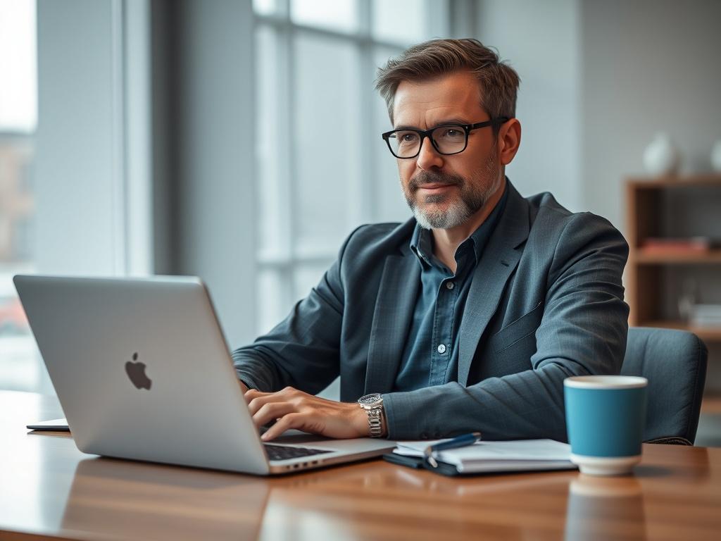 A hyper-realistic close-up shot of a confident entrepreneur sitting at a modern desk, working on a laptop. The entrepreneur is a middle-aged person with a focused expression, wearing business casual attire. The background is softly blurred to emphasize the subject, with elements like a notepad and a coffee cup subtly placed on the desk. The image should have vibrant colors, with a primary blue tone to match rgb(2, 86, 197).