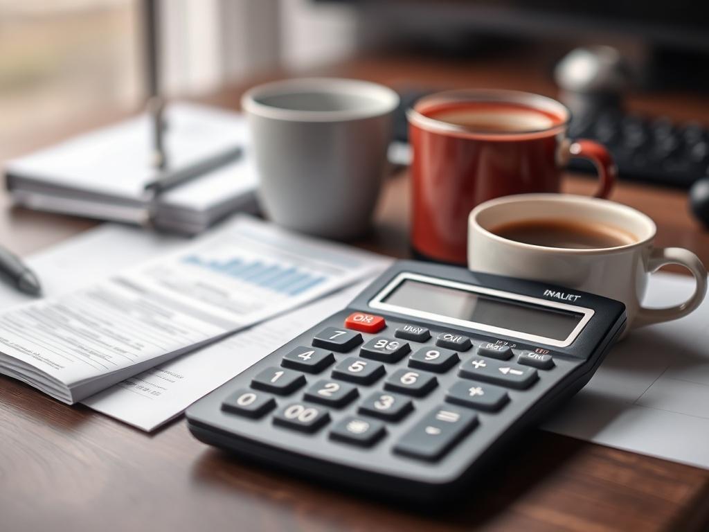A close-up shot of a calculator, receipts, and a cup of coffee on a desk, representing financial analysis. The background is softly blurred to maintain focus on the calculator and receipts, symbolizing budgeting and cost management in a cozy office setting.