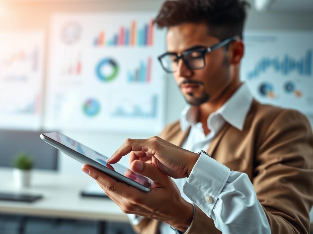 A close-up shot of a person using a tablet, reviewing various business tools on screen. The background includes a blurred office environment with charts and graphs on the wall, symbolizing analysis and decision-making in a modern workspace.