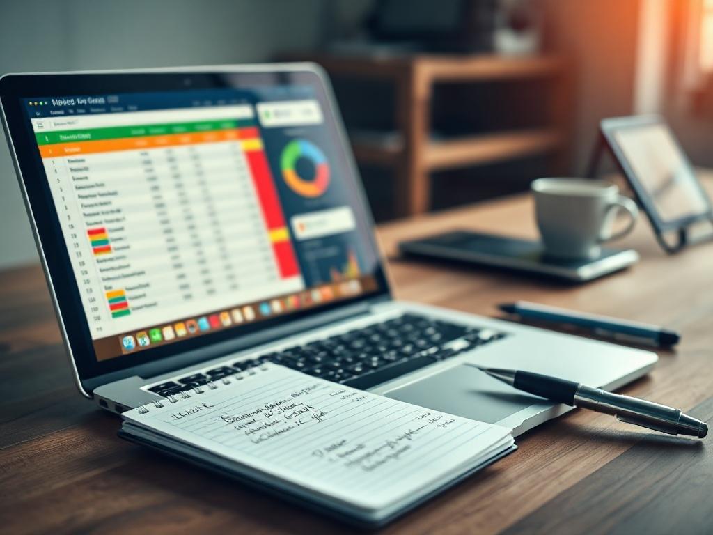 A close-up shot of a laptop on a wooden desk, displaying a colorful budgeting spreadsheet on the screen. Beside the laptop, a notepad with handwritten notes and a pen. The background should be softly blurred to emphasize the laptop and notepad, capturing a professional and organized workspace.