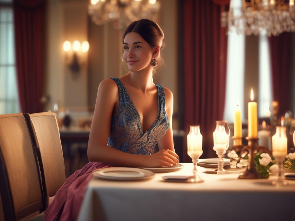 A stunning young woman with an elegant evening gown, seated