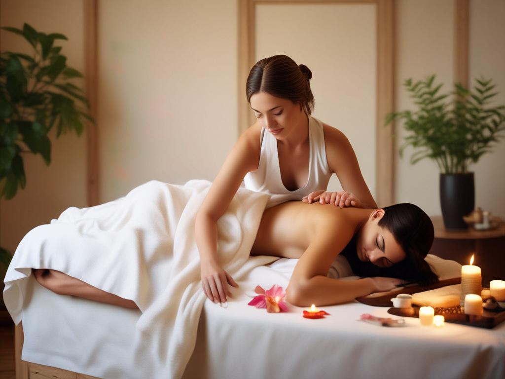 A serene setting featuring a tranquil massage room with soft