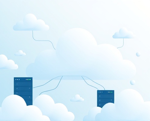 Abstract cloud and tech illustration with floating cloud shapes and network nodes