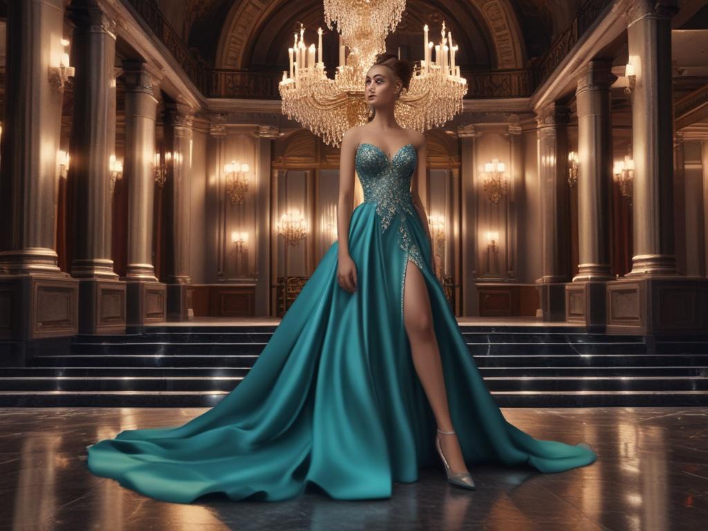 A glamorous ramp model in a stunning evening gown, posing