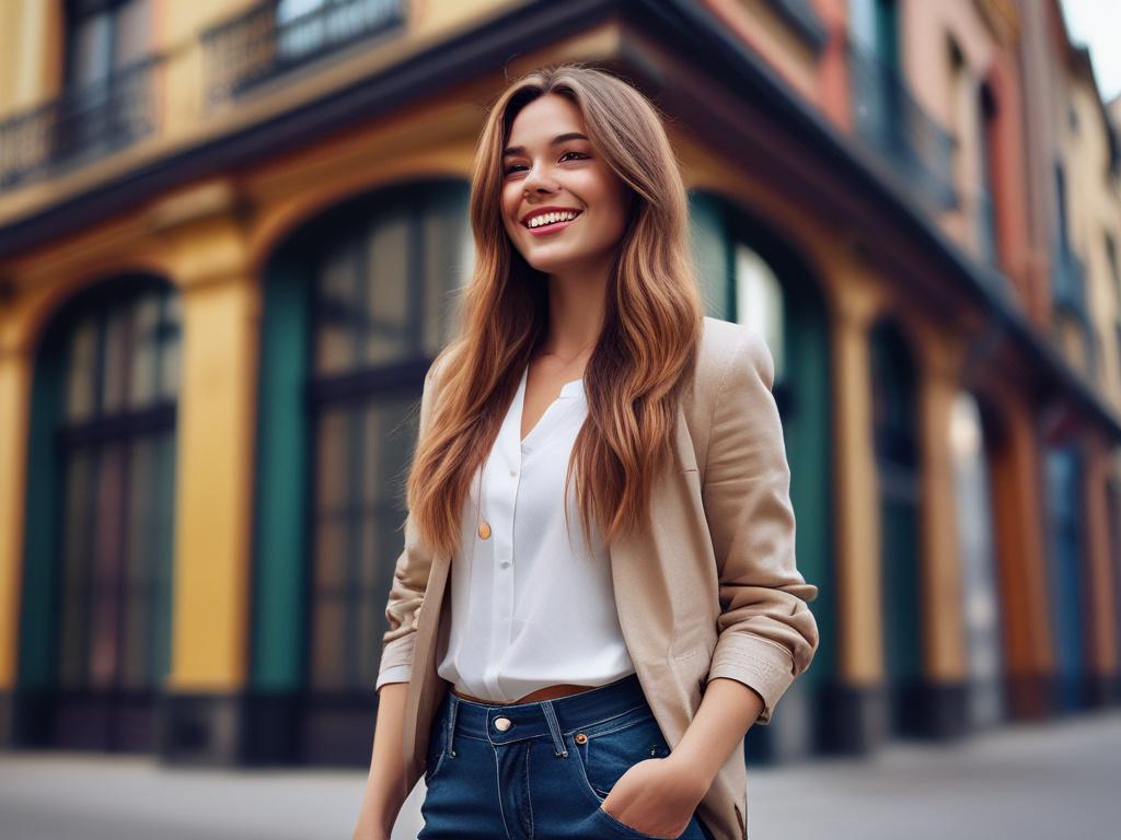 A young woman in a stylish outfit, standing confidently in