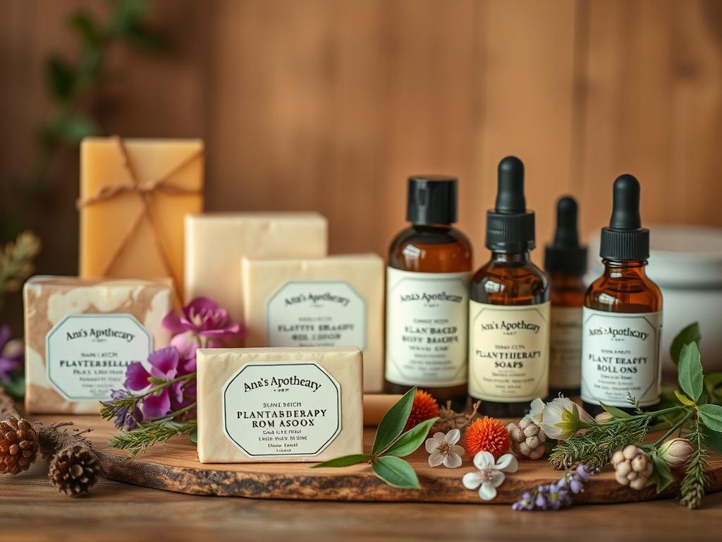A close-up shot of a beautifully arranged display of Ana’s Apothecary products, showcasing small-batch, plant-based soaps, aromatherapy roll-ons, and luxurious body oils. The products are elegantly presented on a simple wooden surface, surrounded by natural elements like herbs and flowers. The background is softly blurred to emphasize the vibrant colors and textures of the products. The lighting is warm and inviting, creating a serene atmosphere that reflects the brand's commitment to intentional beauty and