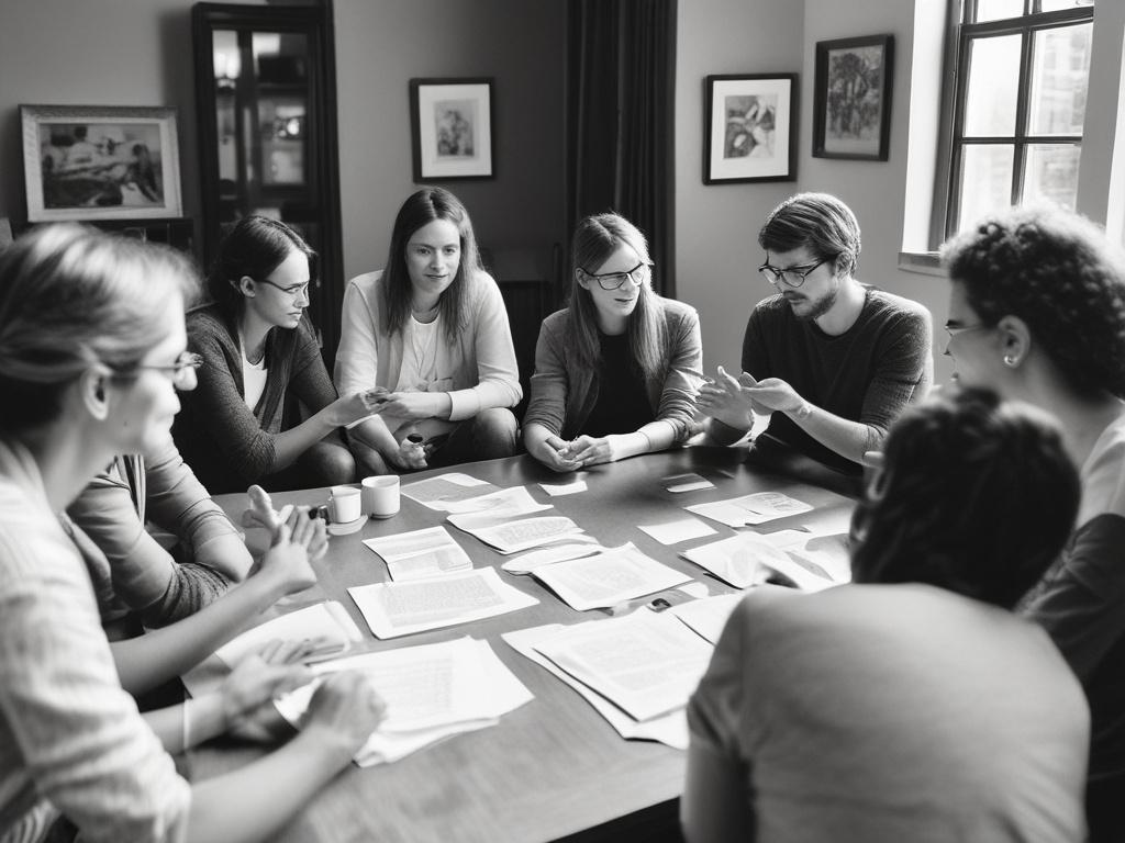 A dynamic workshop session with participants engaging in discussions about sustainability practices, high-resolution black and white photo.