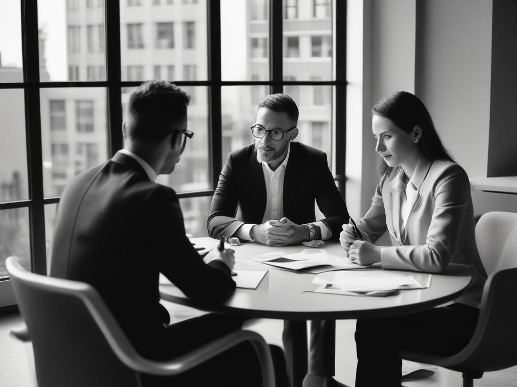 A professional consultant discussing circular strategy development with clients in an urban office setting, high-resolution black and white photo.
