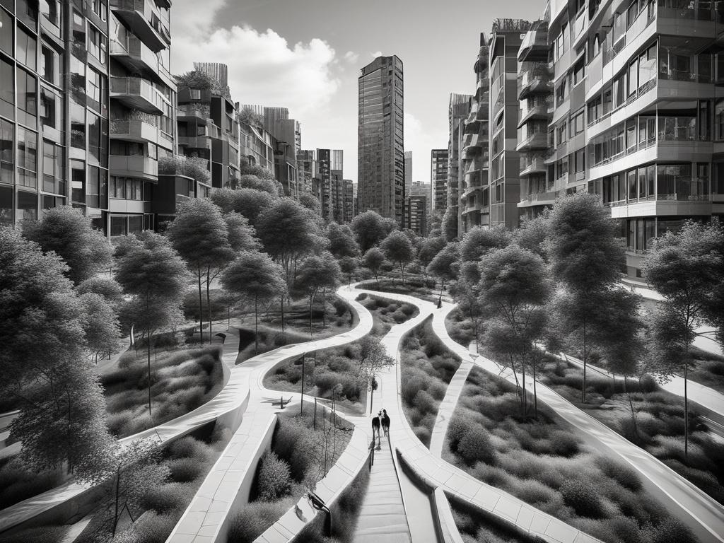A sustainable urban design project showcasing green spaces and community areas, high-resolution black and white photo.