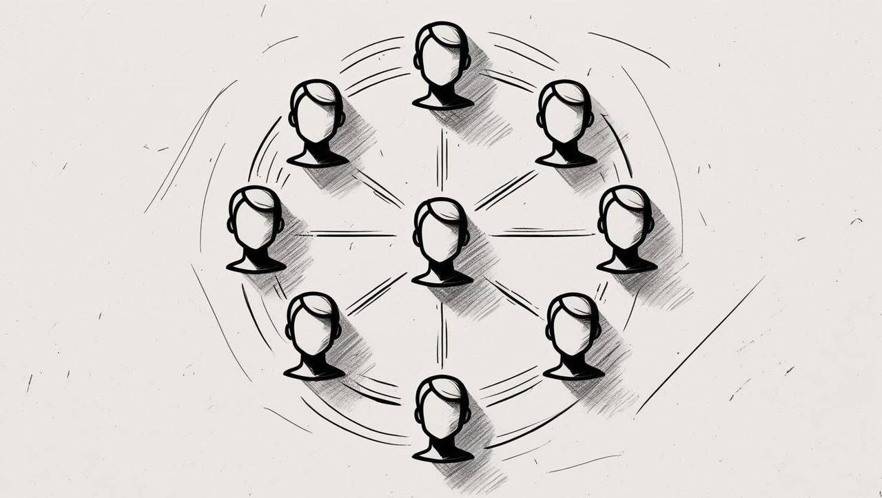 ontwerp een strak, minimalistisch pictogram dat een netwerk van professionals voorstelt. gebruik gestileerde menselijke iconen (bijv. hoofden of figuren) die via lijnen of knooppunten met elkaar verbonden zijn .jpg