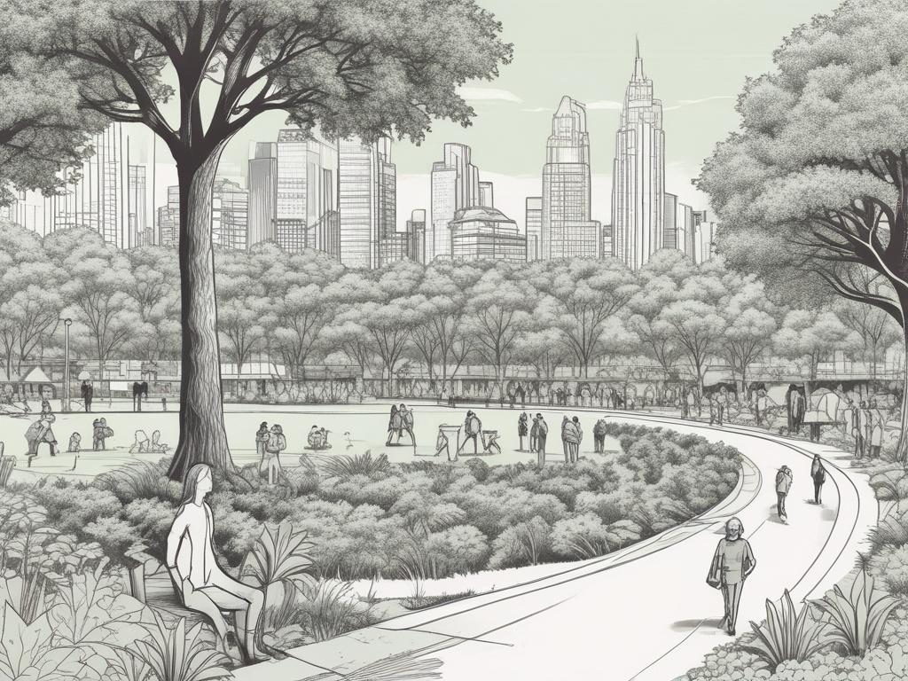A high-quality illustration of a sustainable urban environment, featuring green spaces, circular design elements, and people engaging with nature. The composition should be simple and clear, showcasing one central park area surrounded by sustainable buildings. The drawing should be rendered in crisp, solid black lines with a white background, emphasizing the vibrant green of the plants and trees, which should be represented in the rgb(50, 170, 39) color.