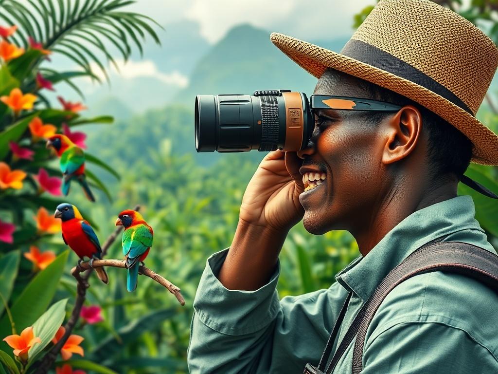 A close up of a birdwatcher using binoculars to observe