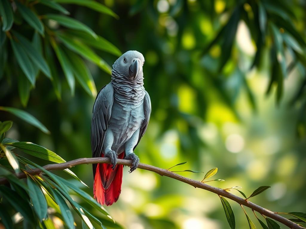 Create a realistic high-resolution photo featuring a vibrant African Grey Parrot perched on a lush, green branch in a serene Ghanaian rainforest setting. The composition should be simple and clear, with the parrot as the sole subject, ideally positioned slightly off-center to create a dynamic visual balance. The background should consist of blurred foliage in deep shades of green, hinting at the rich biodiversity of the habitat without detracting from the parrot.

Ensure that the parrot is depicted in strik