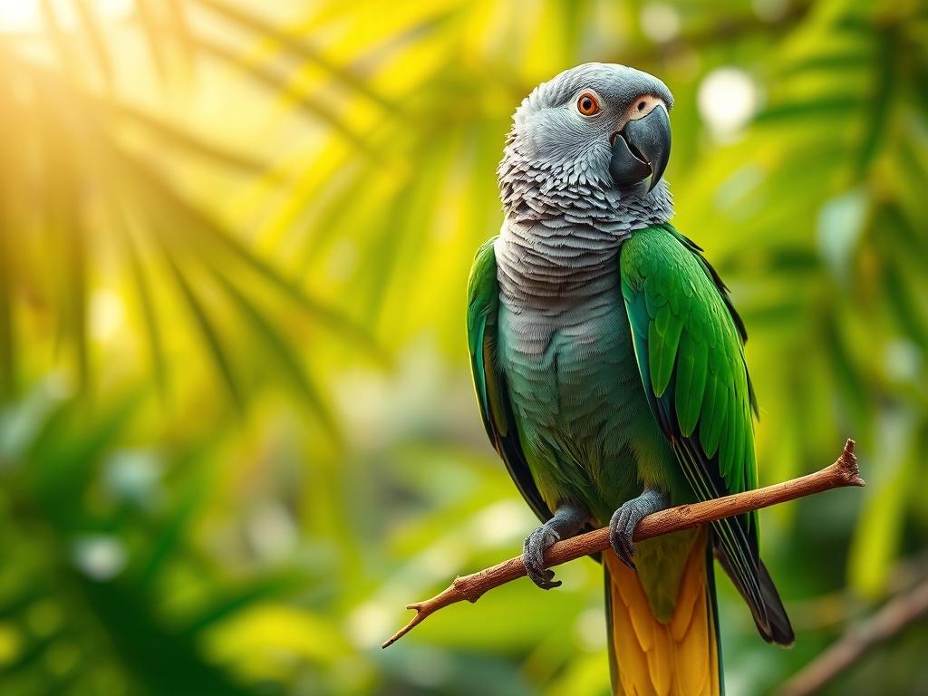 **Prompt for AI Image Generator:**

Generate a realistic high-resolution photo that captures the essence of bird watching in Ghana. The composition should focus solely on a vibrant African grey parrot perched on a branch, showcasing its striking feathers in vivid greens and grey tones. The background should feature a blurred view of a lush, tropical rainforest, hinting at other native flora and a soft, warm light filtering through the leaves, creating a serene ambiance. Emphasize the details of the bird’s f