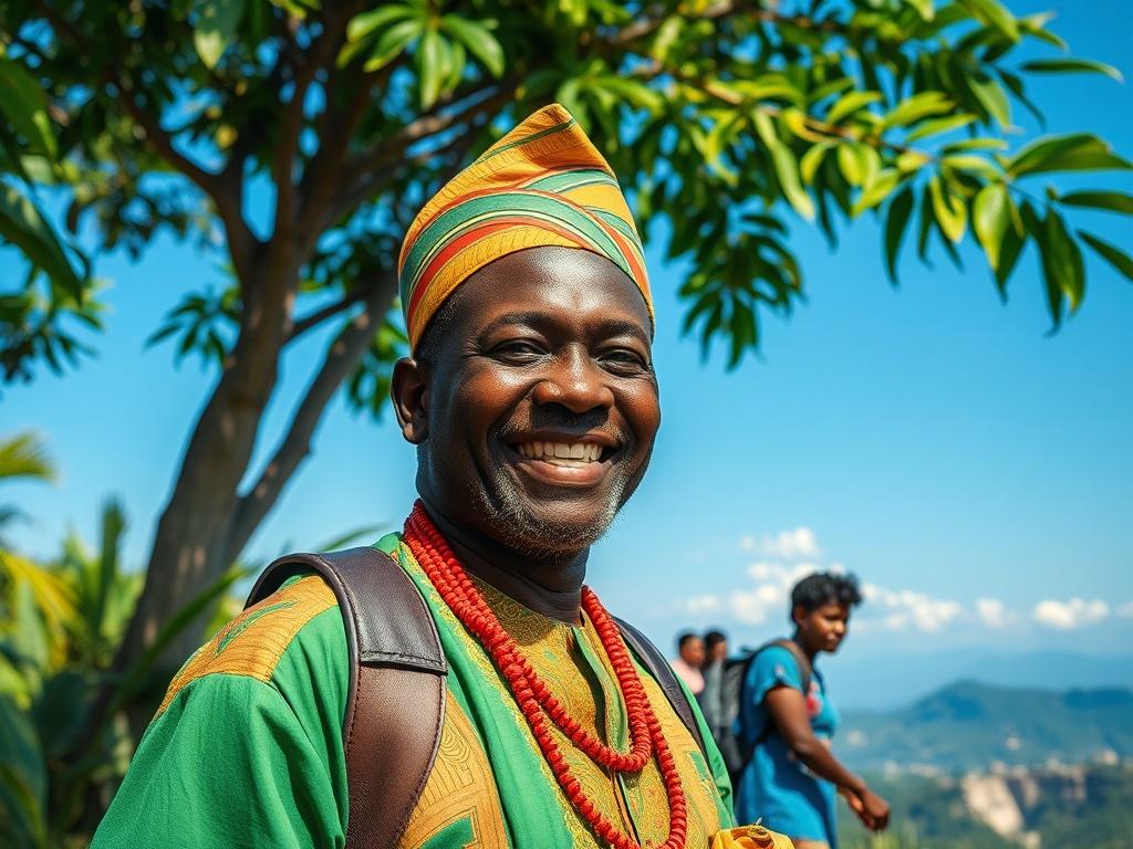 Create a realistic high-resolution photo featuring a vibrant scene that encapsulates the essence of travel in Ghana, Togo, and Benin. Center the image on an expert tour guide, Mohammed Dramani, a charismatic middle-aged man with a warm smile, wearing traditional Ghanaian attire, which incorporates colors inspired by the Ghana palette (deep green, gold, and warm red). He should be positioned in a lush green landscape, suggesting the vibrancy of the local environment, possibly near a famous landmark or natura