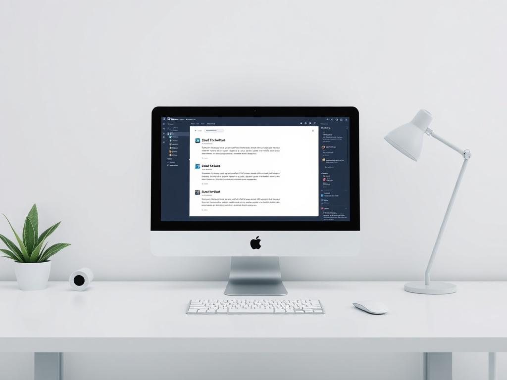 A sleek digital workspace with a computer screen showing draft