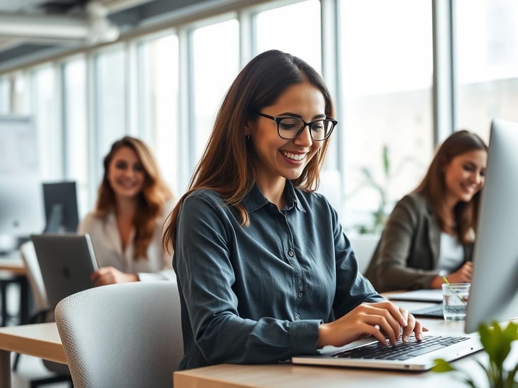 A dynamic office environment with employees smiling and focusing on