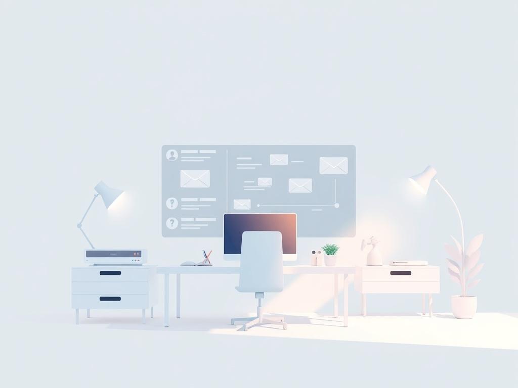 An elegant and spacious digital workspace illustration showcasing an advanced AI system managing multiple email accounts with a focus on automation and categorization, using soft pastel colors and minimalistic design elements.