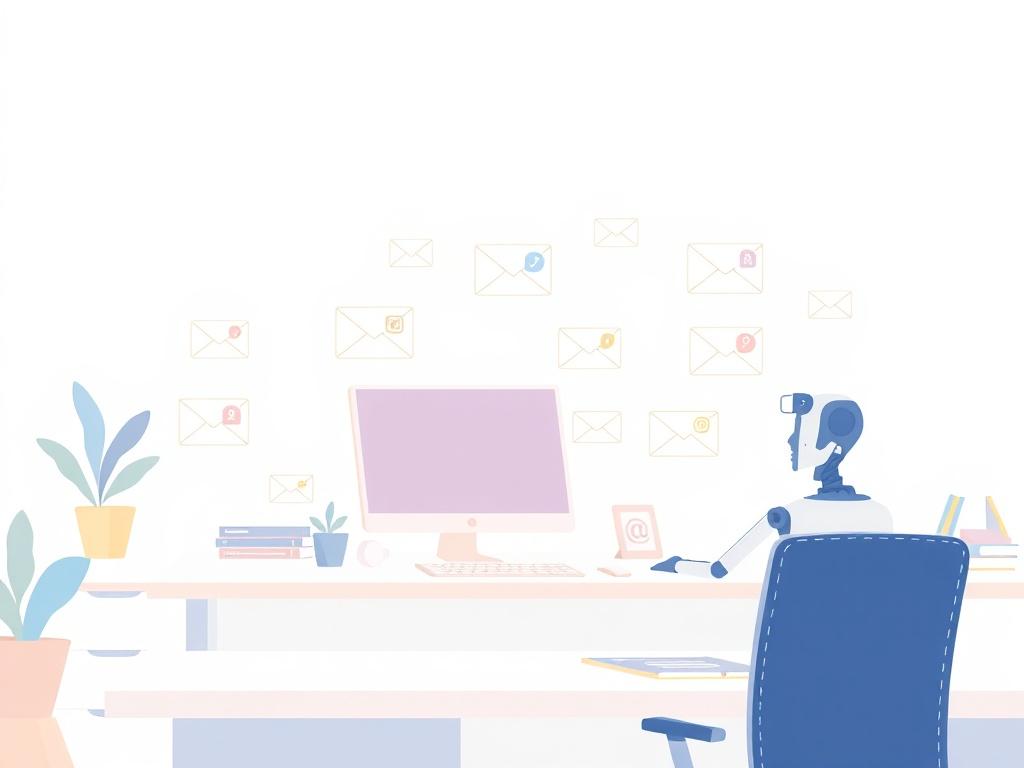 A sleek illustration of a modern office environment with multiple email inboxes and AI icons managing emails, in gentle pastel colors against a clean white background, conveying a sense of efficiency.