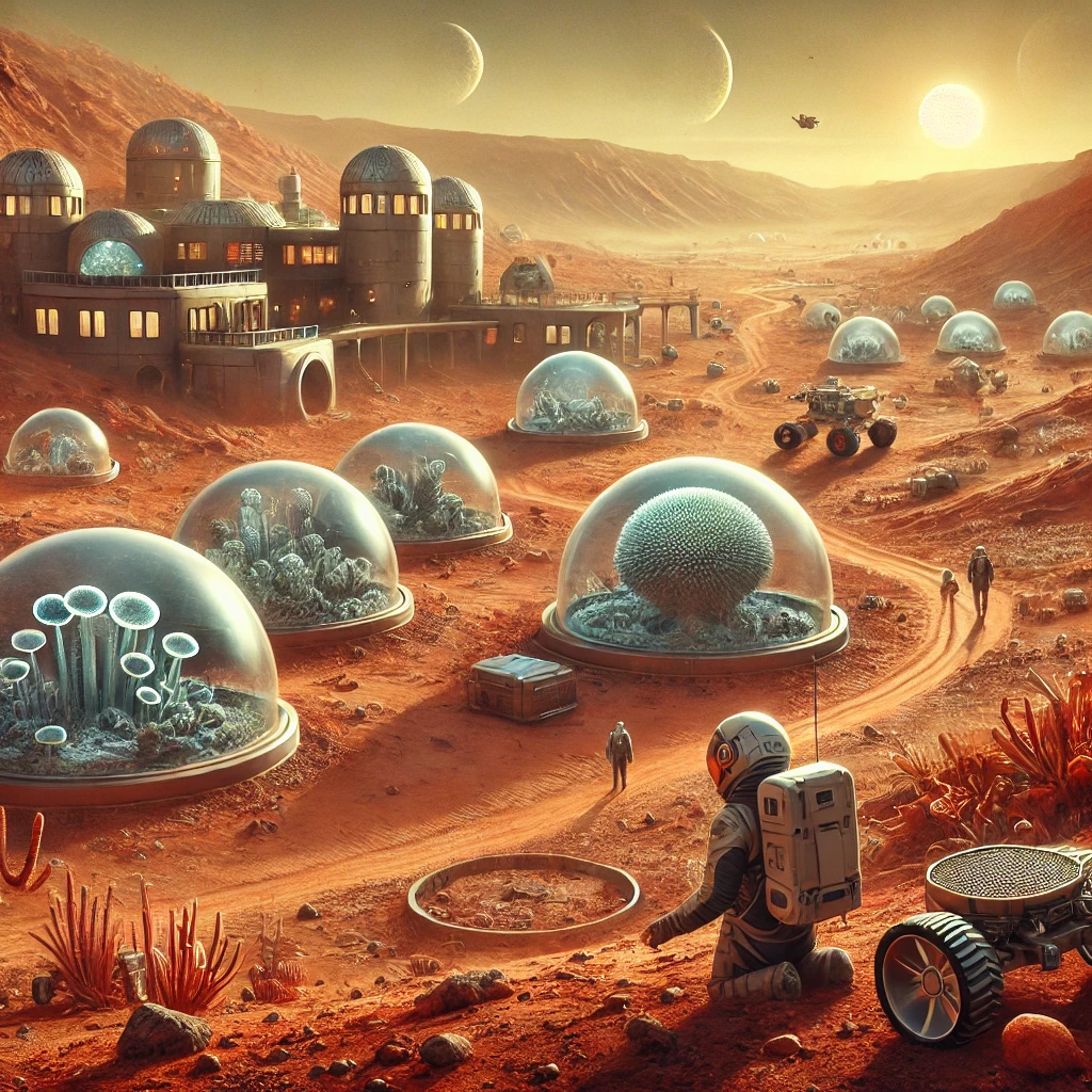dall·e 2025-03-03 22.51.24 - a hyper-realistic depiction of life on mars. the scene shows a futuristic martian colony with dome-covered cities, advanced rovers, and astronauts in .webp