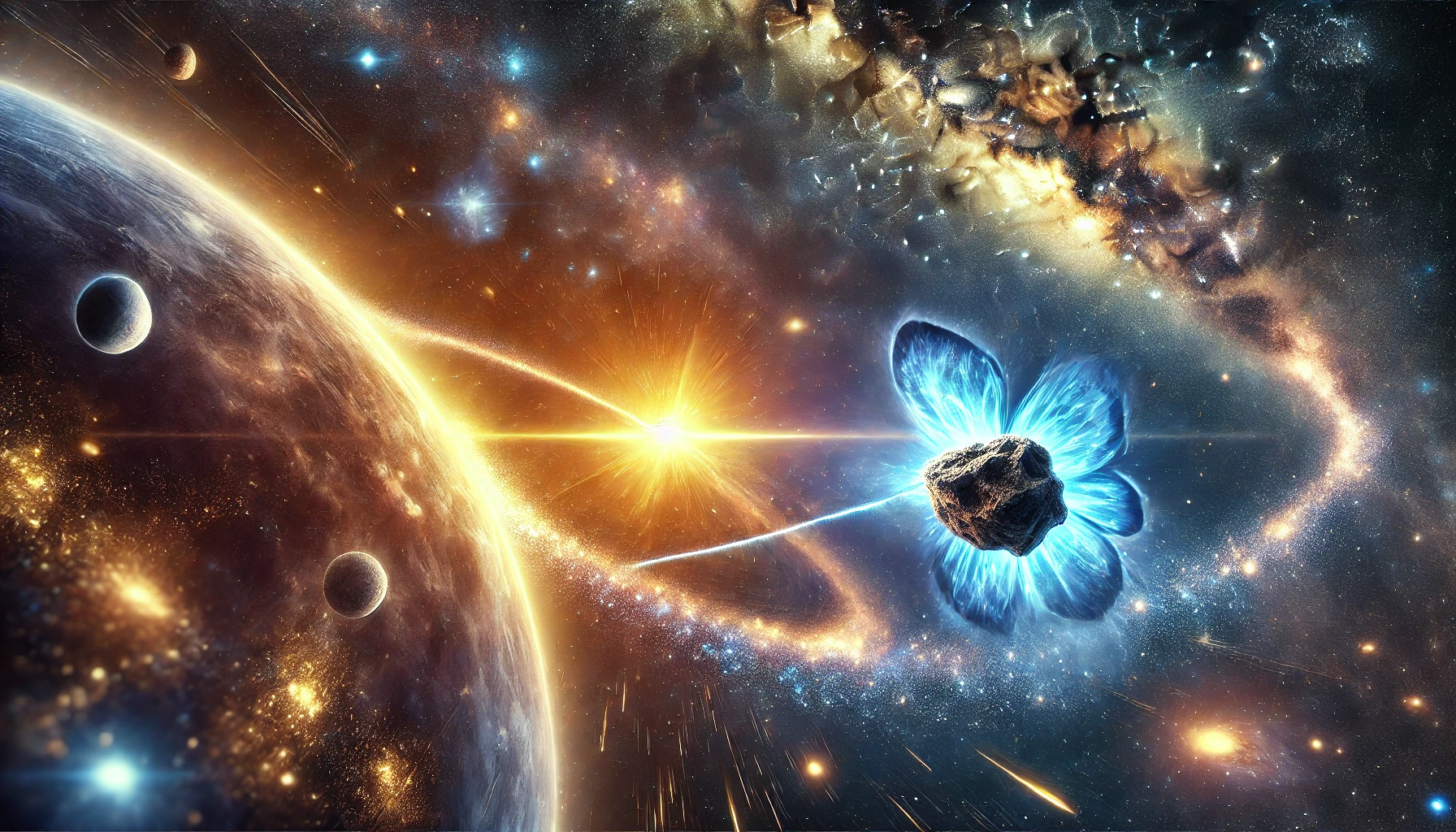 dall·e 2025-03-05 18.40.40 - a breathtaking cosmic scene illustrating the butterfly effect in space. a small asteroid subtly shifting its path due to a planet's gravity, causing a.webp