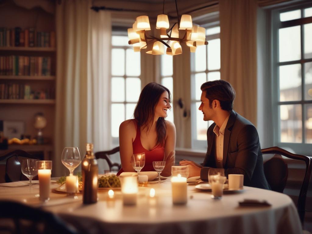 A charming woman sitting at a candlelit dinner table, smiling