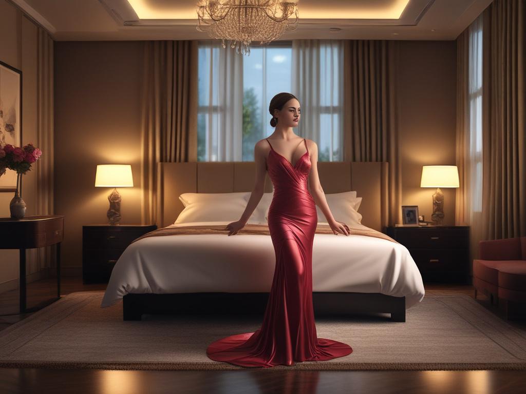 A beautiful woman in an elegant dress, standing confidently in