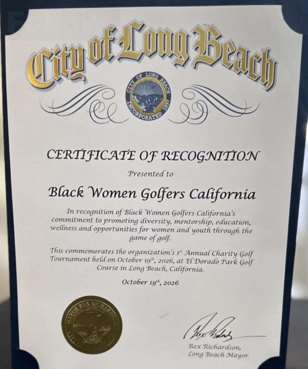 1st Annual Charity Golf Tournament awards banquet, October 19, 2026