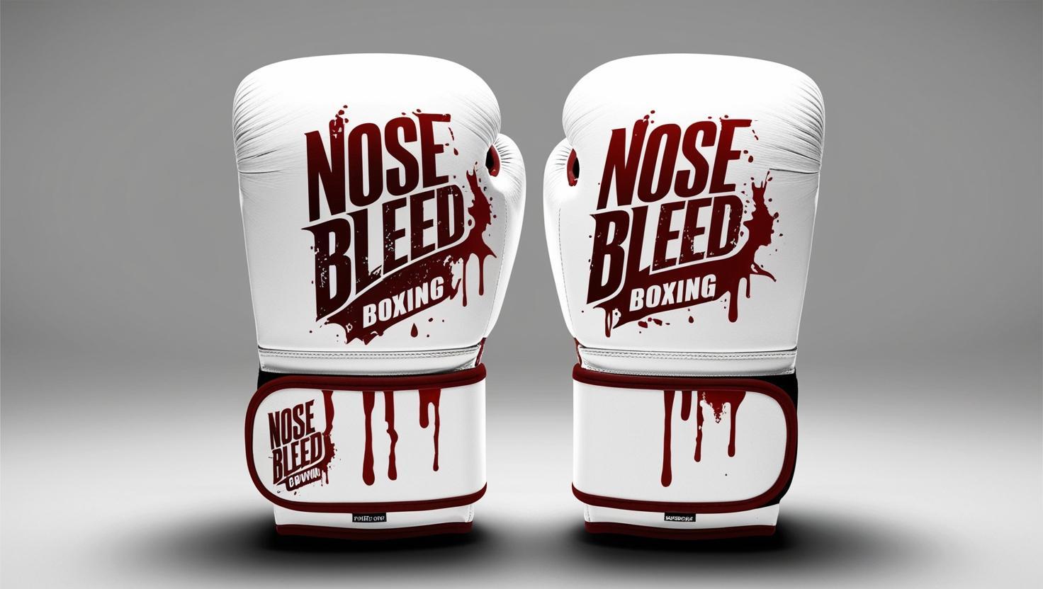 whitenboxing gloves that look like they have blood on them that also say nose bleed boxing on them, make the, full pictures.jpg