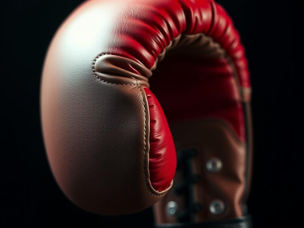 A close-up image of a high-quality boxing glove, focusing on its stitching and materials against a dark backdrop. The glove should be positioned to show off its ergonomic design, with a striking red highlight to draw attention. Soft, even lighting should enhance the details and craftsmanship of the glove, making it look appealing.