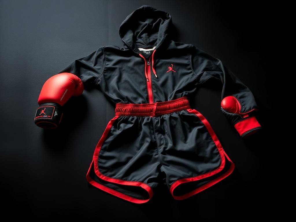 A high-resolution image of a stylish boxing outfit laid out on a black background, featuring a combination of gloves, shorts, and a hoodie. The outfit should be arranged artistically to emphasize its design, with red accents highlighting the brand's color scheme. The lighting should create depth, showcasing the fabric texture and sporty vibe.