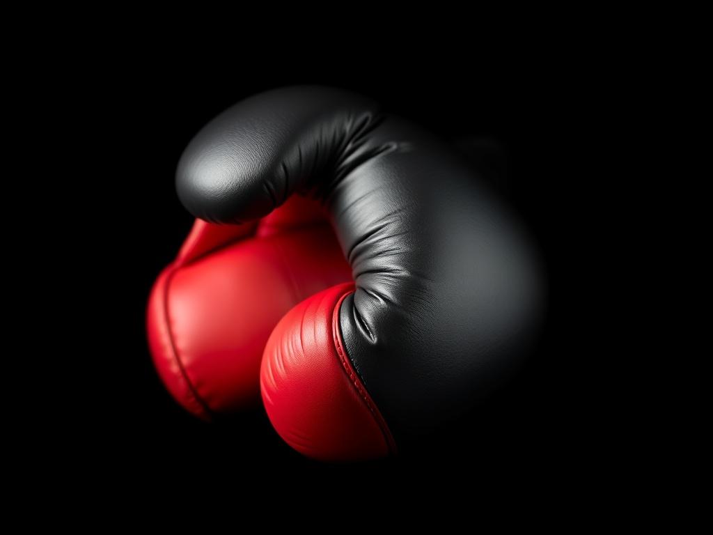 A close-up shot of an affordable boxing glove, showcasing its sleek design and high-quality materials against a minimalist black background. The glove should be angled slightly to reveal its details, with a vibrant red accent to capture attention. The lighting should highlight the texture and shine of the glove, emphasizing its craftsmanship.
