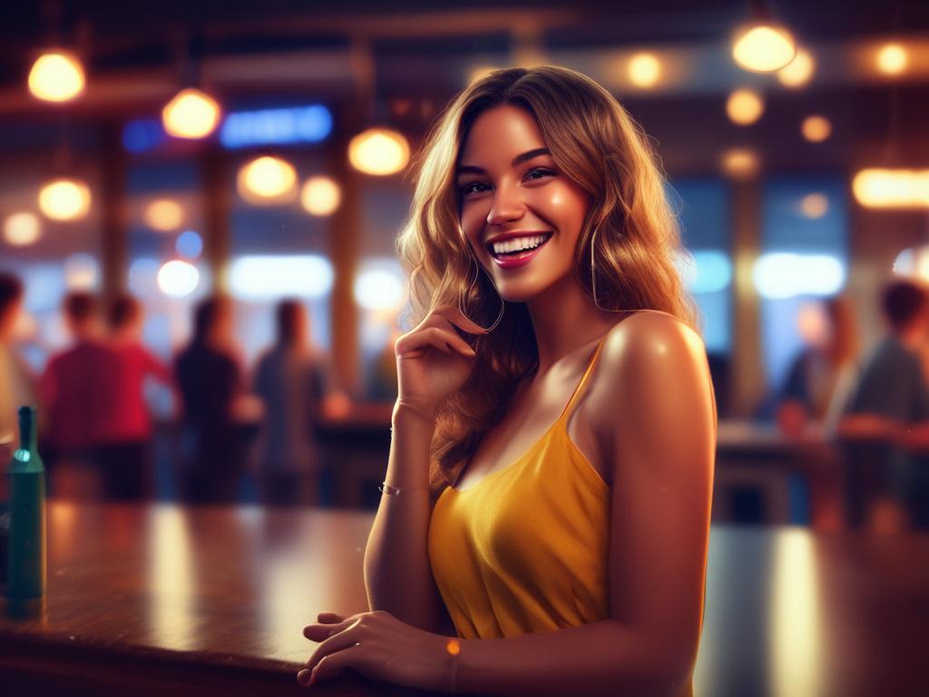 A lively scene showcasing a beautiful woman in a fashionable