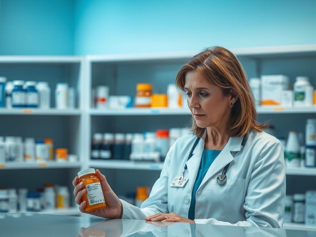 **AI Image Generator Prompt:**

Create a realistic high-resolution photo that embodies the theme of the blog titled "340B Spotlight: What These Upcoming WAC Decreases Mean for Covered Entity–Owned and Contract Pharmacies." 

**Composition:** 

- The image should feature a close-up shot of a pharmacy counter with a single subject: a pharmacist. 
- The pharmacist should be a middle-aged woman, wearing a white lab coat with a name badge visible, examining a bottle of medication with a thoughtful expression.
- 