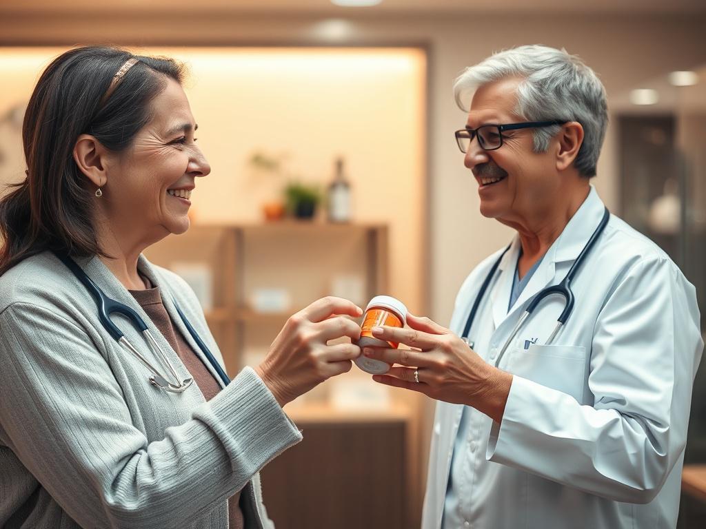 A close-up shot of a compassionate healthcare professional assisting a patient in a clinic. The healthcare professional is handing a prescription bottle to the patient, who looks relieved and grateful. The background is softly blurred with warm colors, creating a welcoming atmosphere. The focus is sharp on the interaction between the patient and the healthcare provider, highlighting the theme of support and assistance. The overall color tone aligns with the rgb(3, 125, 201) theme.