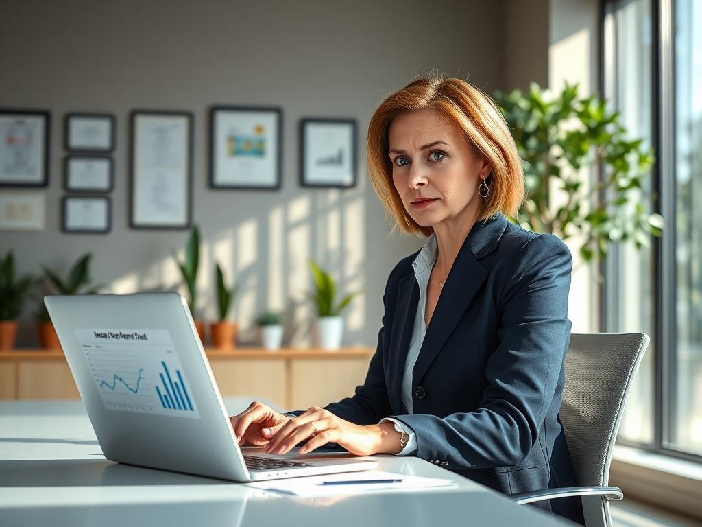 **AI Image Generation Prompt:**

Create a realistic high-resolution photo depicting a hospital finance manager in a modern office setting, focusing only on this single subject. The manager, a middle-aged Caucasian woman, is wearing professional attire and is seated at a sleek desk with a laptop open in front of her, displaying detailed financial charts related to hospital reimbursement. She has a focused expression as she analyzes the data, showcasing a sense of determination and proactive decision-making. 