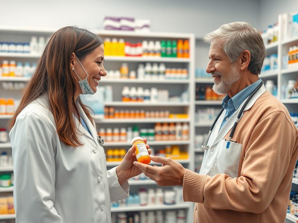 A hyper-realistic close-up shot of a friendly pharmacist interacting with a patient in an onsite pharmacy. The pharmacist is handing over a medication bottle to the patient, who looks engaged and satisfied. The pharmacy is well-organized with shelves of colorful medication bottles and health products in the background, creating a warm and inviting atmosphere. The lighting is bright and clear, emphasizing the professionalism and care within the pharmacy environment. The image should reflect the RGB color val