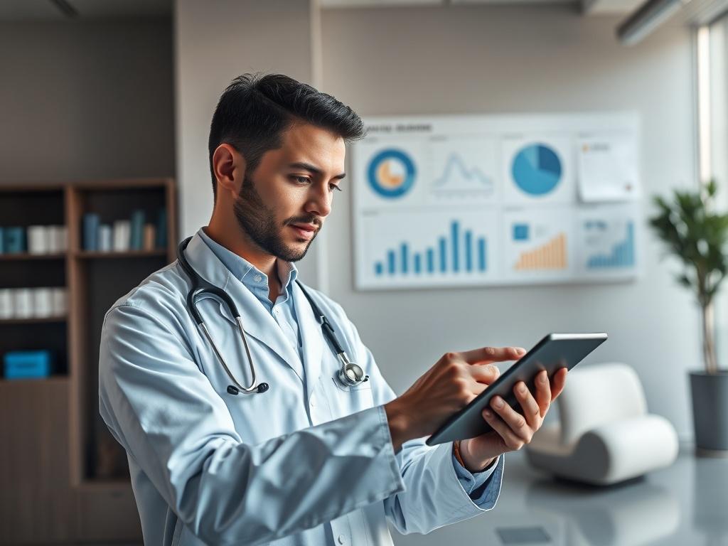 A high-resolution image showcasing a healthcare professional analyzing data on a sleek tablet, surrounded by charts and graphs representing 340B management. The background features a modern office environment with soft gray tones and touches of rich blue accents. The focus is on the healthcare provider, highlighting their engagement with technology and data-driven decision-making.