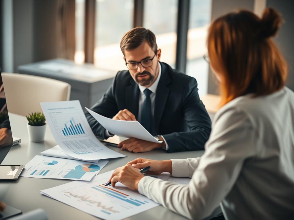 Create a high-resolution photo of a professional consultant analyzing vendor contracts on a sleek desk. The consultant is focused, with a laptop open and paperwork spread out, showing graphs and charts. The background is softly blurred, emphasizing the consultant's concentration, with warm natural light illuminating the scene. The color scheme should harmonize with the rgb(3, 125, 201) primary color, adding a modern touch without distractions.