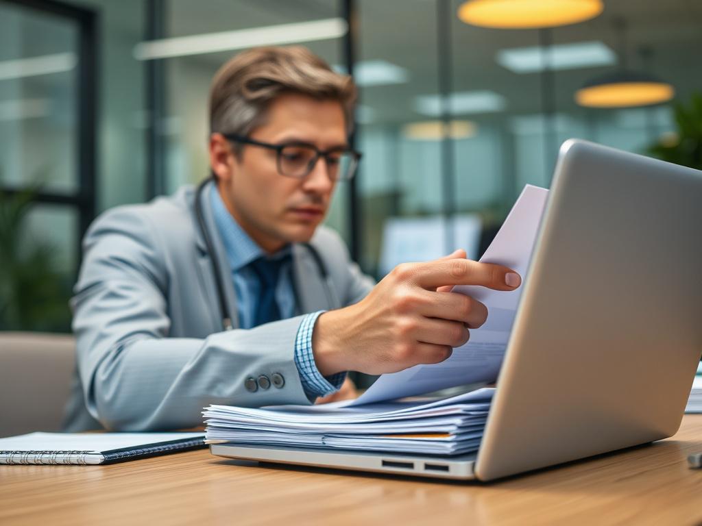 A hyper-realistic close-up shot of a healthcare auditor reviewing documents in an office setting. The auditor is focused and engaged, with a neat stack of paperwork and a laptop open in front of them. The background should feature a professional office environment. Shot with a 45mm f/1.2 lens to highlight the details.