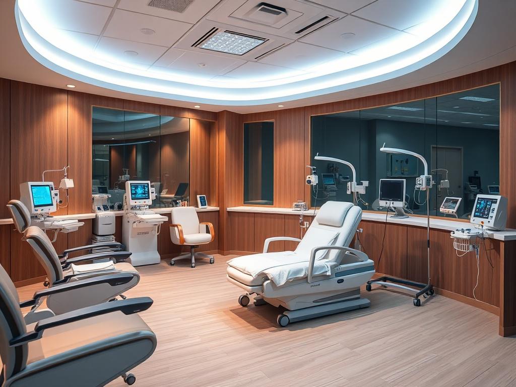 A hyper-realistic close-up shot of a modern infusion suite with a sleek design, featuring comfortable patient chairs, advanced medical equipment, and calming ambient lighting. The setting should convey a sense of care and professionalism, with warm tones and a clean, organized layout. Shot using a 45mm f/1.2 lens to emphasize the details.