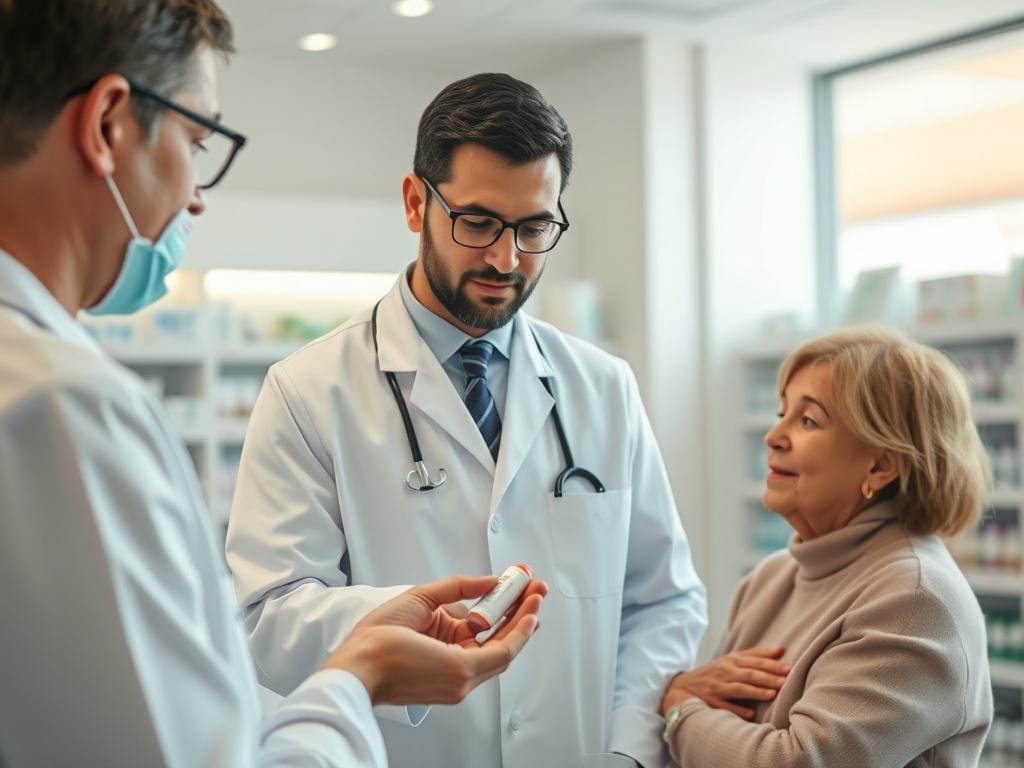 A hyper-realistic close-up shot of a pharmacist consulting with a patient in a modern pharmacy setting. The pharmacist is demonstrating a medication while the patient attentively listens. The environment should be bright, clean, and inviting, emphasizing professionalism and care. Shot with a 45mm f/1.2 lens to focus on the interaction.