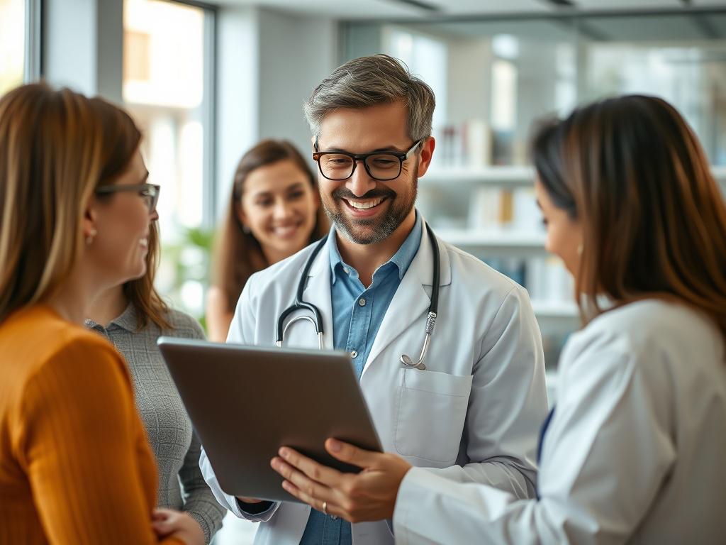 A high-resolution close-up shot of a healthcare professional discussing pharmacy benefits with a group of employees in a modern office setting. The focus is on the professional, who is smiling and engaging with the employees, showcasing a laptop with pharmacy information. The background is bright and inviting, emphasizing a sense of collaboration and support in the healthcare environment. The lighting is warm and natural, creating a friendly atmosphere.