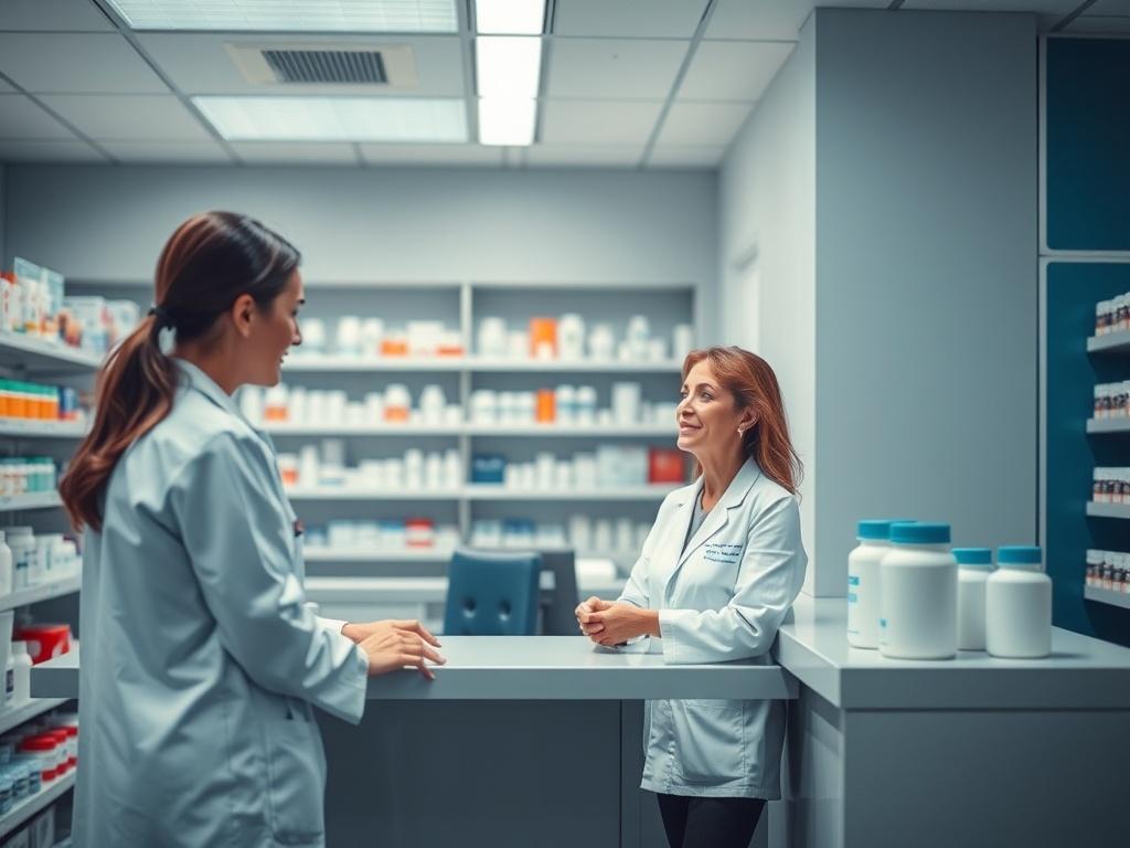 Create a realistic high-resolution photo of a modern pharmacy setting inside a healthcare facility. The image should feature a pharmacist engaging with a patient at the pharmacy counter, with shelves of medication in the background. Use a cool-toned environment with shades of rich blues and soft grays, ensuring the atmosphere feels professional and welcoming. The overall composition should be simple and clear, focusing on the interaction between the pharmacist and the patient.