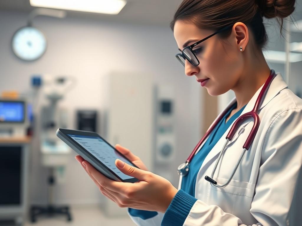A high-resolution close-up shot of a healthcare professional reviewing patient prescriptions on a digital tablet in a well-lit clinic. The setting should convey a modern, professional atmosphere with a focus on efficiency and care. The background should include blurred medical equipment to emphasize the healthcare context. The color palette should be vibrant, incorporating the primary color rgb(3, 125, 201) subtly in elements like the tablet's interface or the health professional's attire.